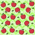 Fruit print on green background with waves. Bright fruit: apples. Ripe red apple with leaf.  Vector pattern background for your Royalty Free Stock Photo